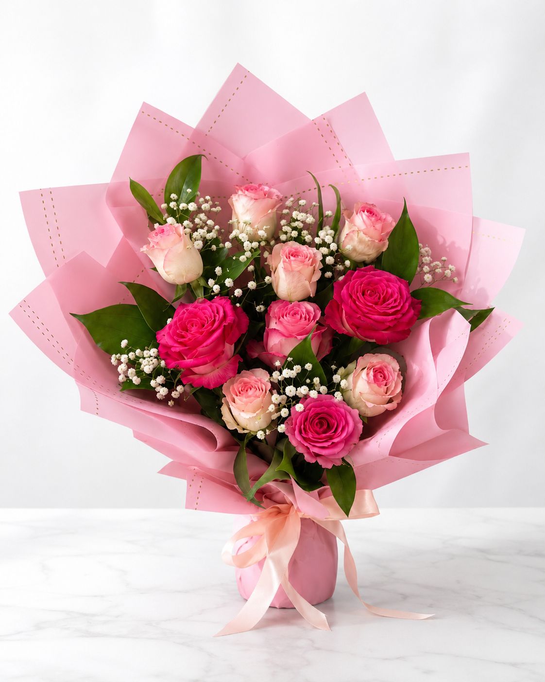 Bouquet Roses Roses & Fuchsia en Papier Rose | Romance Douce | Livraison 24h