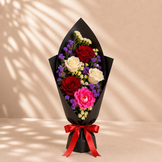 Bouquet Multicolore en Noir : Bouquet Coloré Moderne en Papier Noir - Livraison 24h